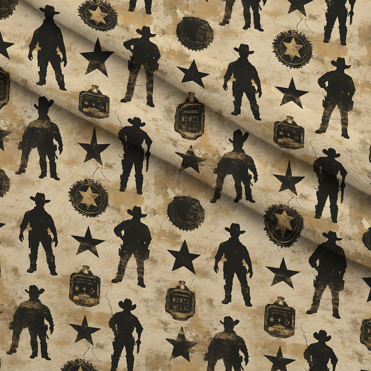 Frontier Outlaws Pattern 3 Fleece Fabric — fleece fabric folded close-up preview (mv-fleece-v1:lying)