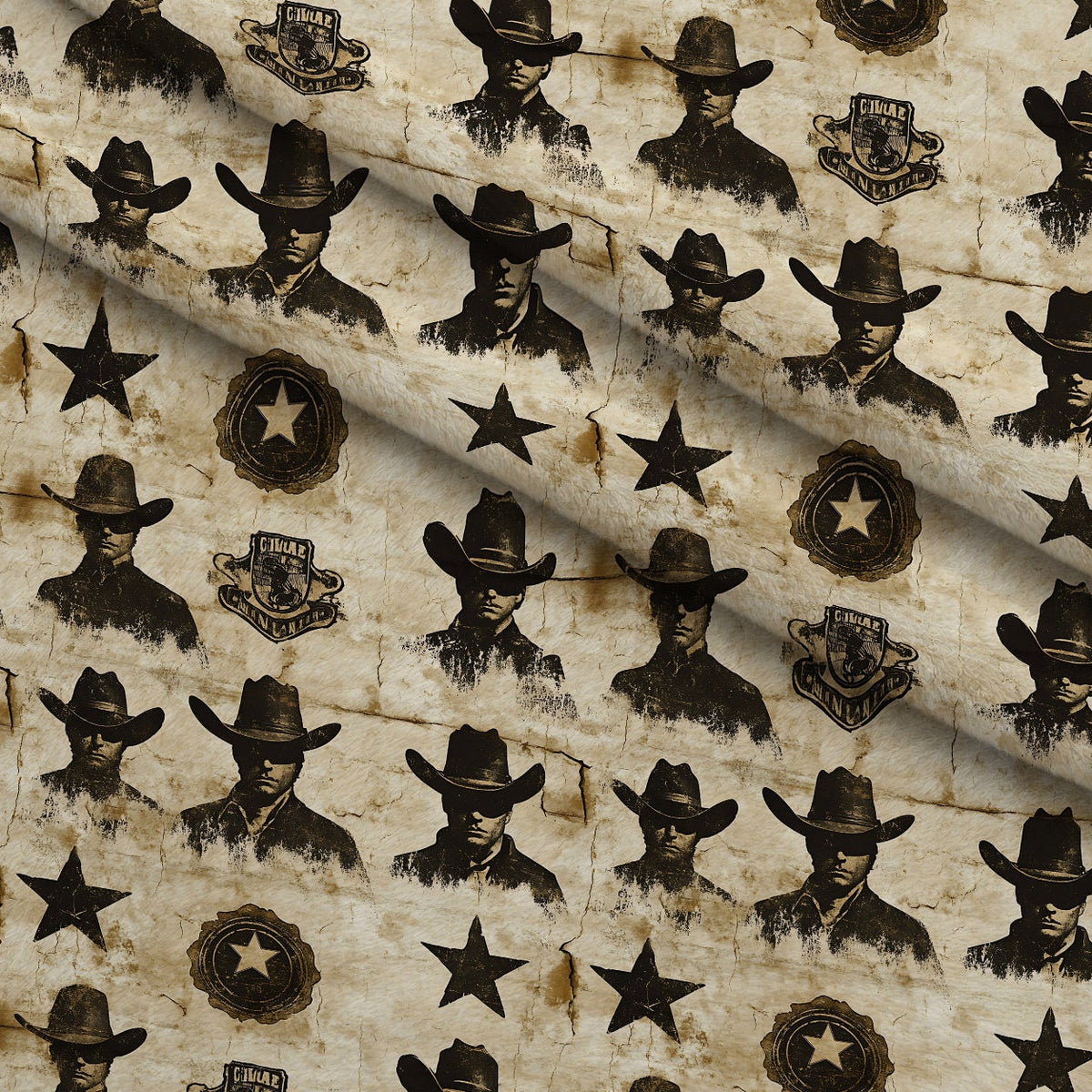Frontier Outlaws Pattern 8 Fleece Fabric — fleece fabric folded close-up preview (mv-fleece-v1:lying)