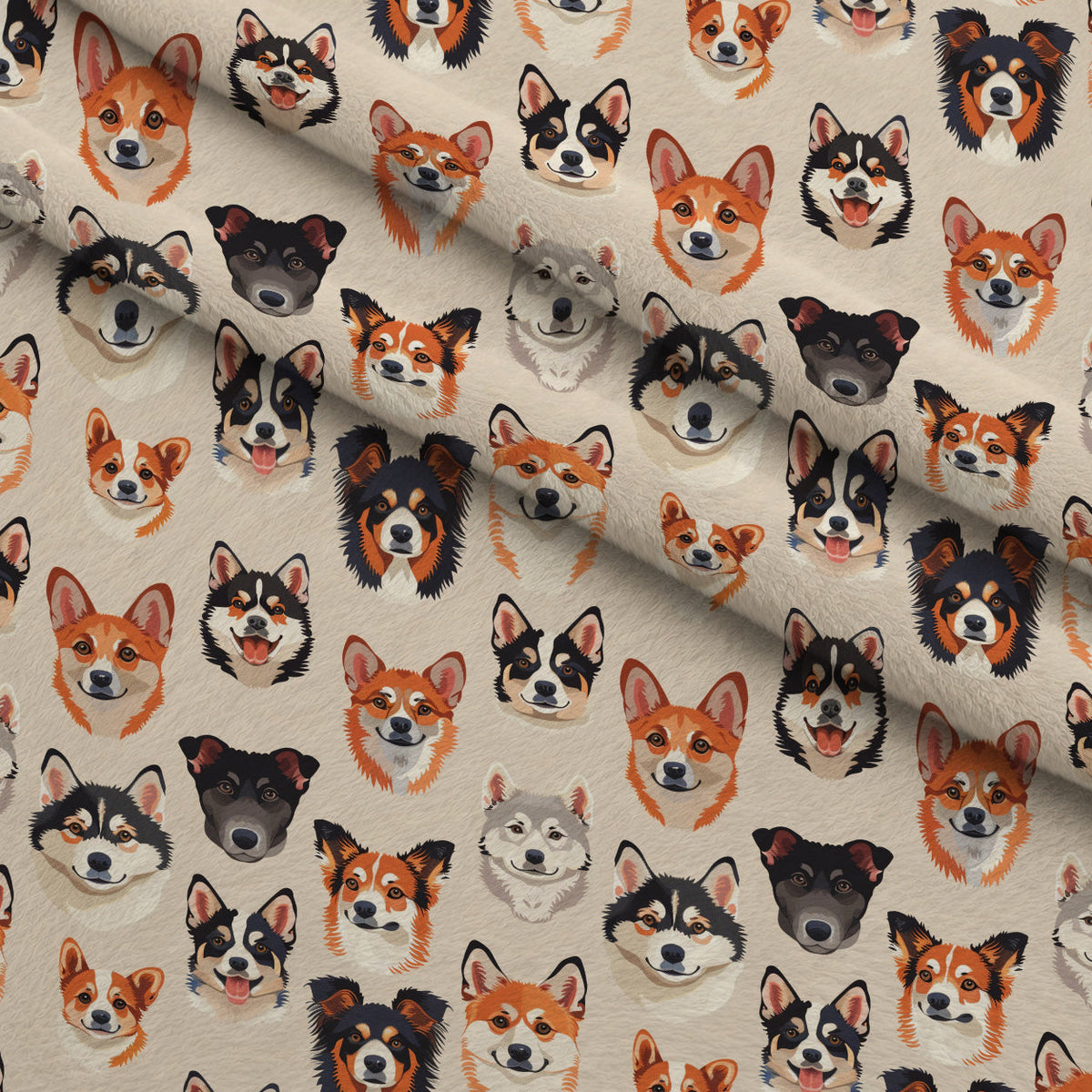 Furry Faces Pattern 10 Fleece Fabric — fleece fabric folded close-up preview (mv-fleece-v1:lying)
