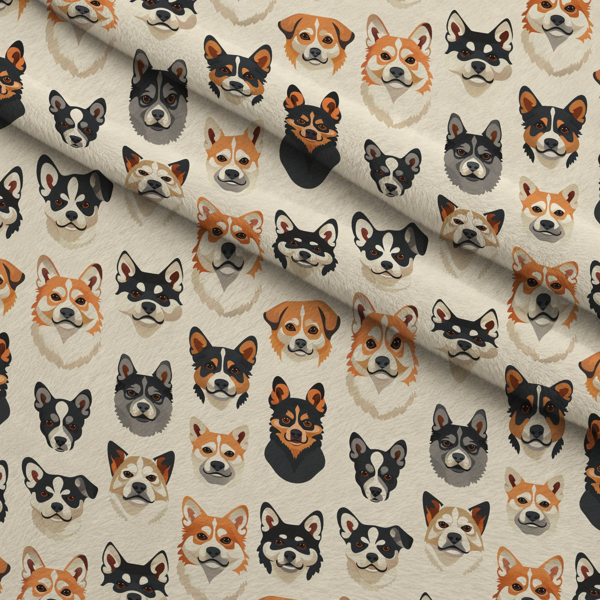 Furry Faces Pattern 6 Fleece Fabric — fleece fabric folded close-up preview (mv-fleece-v1:lying)