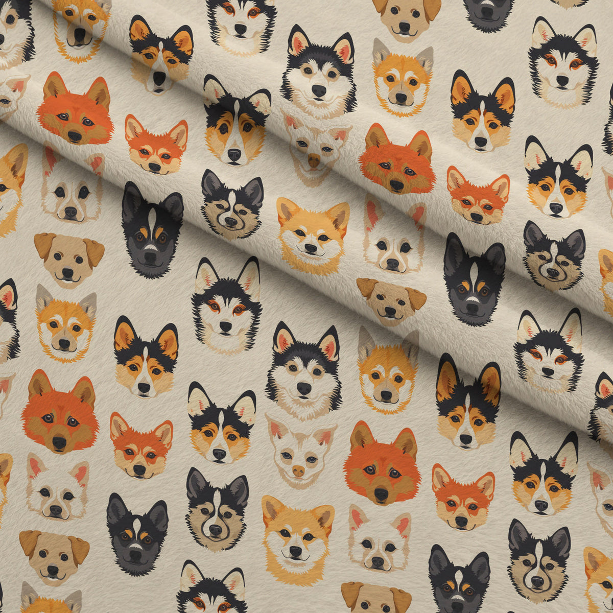 Furry Faces Pattern 8 Fleece Fabric — fleece fabric folded close-up preview (mv-fleece-v1:lying)