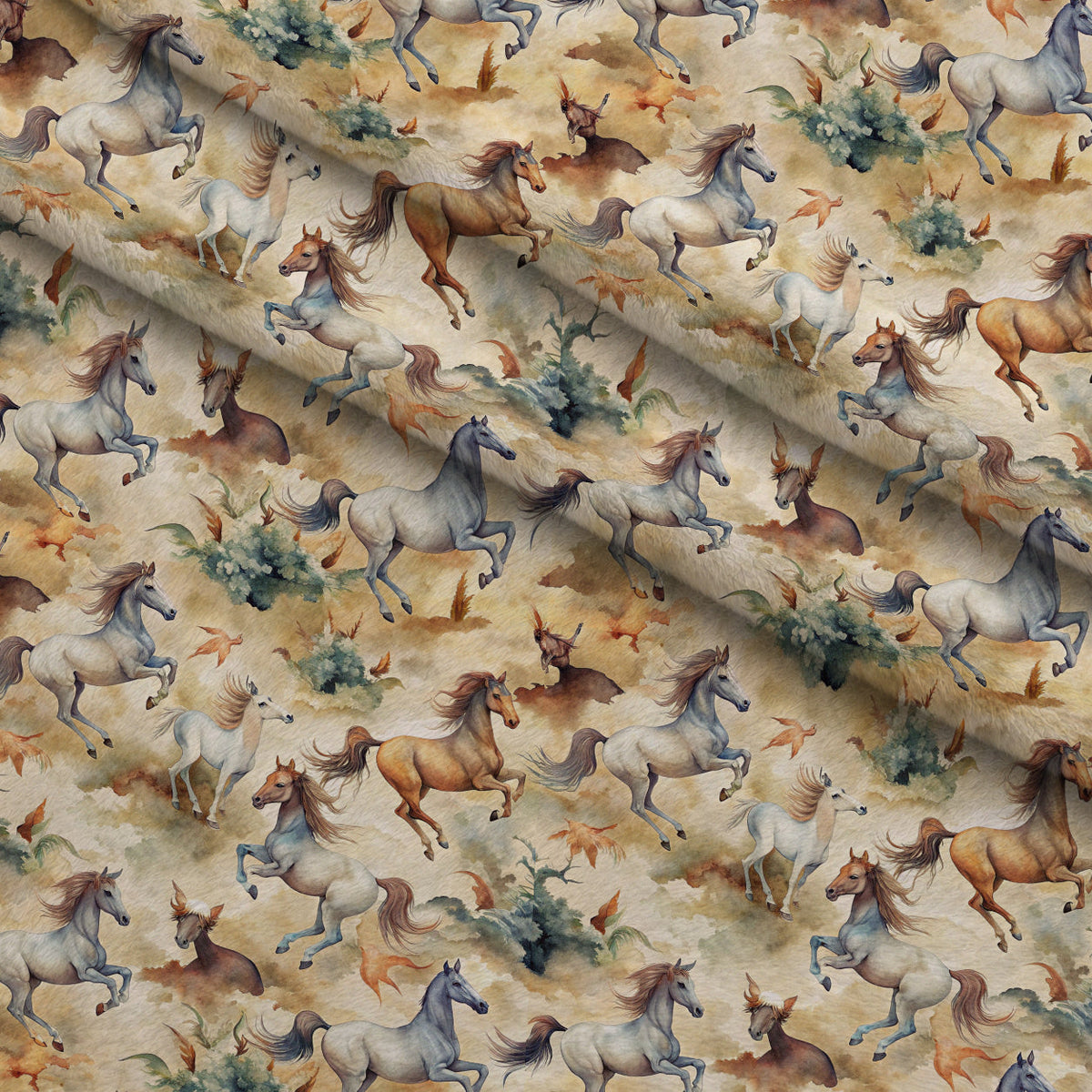 Galloping Mustangs Pattern 6 Fleece Fabric — fleece fabric folded close-up preview (mv-fleece-v1:lying)