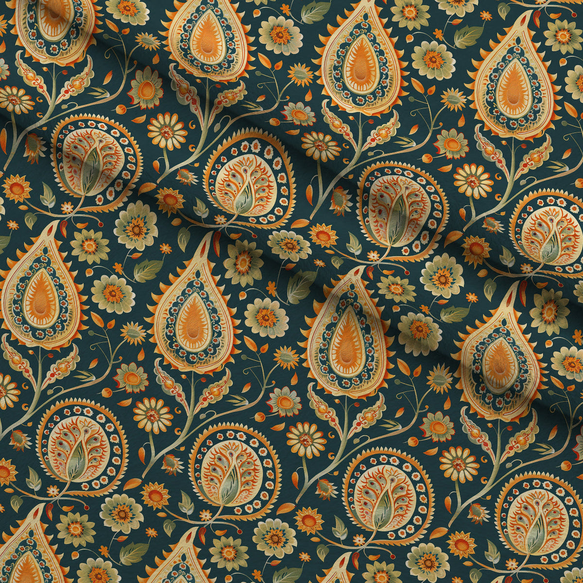 Gilded Boteh Blooms Pattern 2 Fleece Fabric — fleece fabric folded close-up preview (mv-fleece-v1:lying)