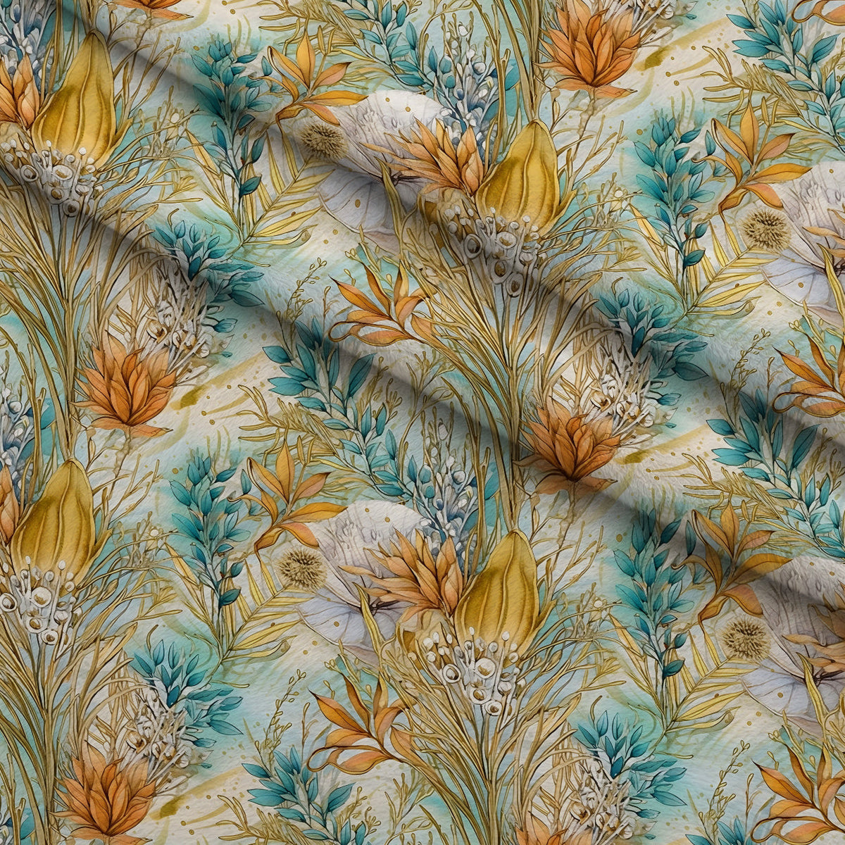 Gilded Coastal Blooms Pattern 8 Fleece Fabric — fleece fabric folded close-up preview (mv-fleece-v1:lying)