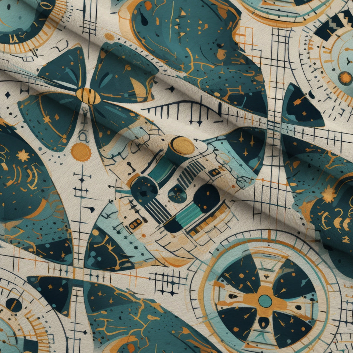 Gilded Gears Pattern 9 Fleece Fabric — fleece fabric folded close-up preview (mv-fleece-v1:lying)