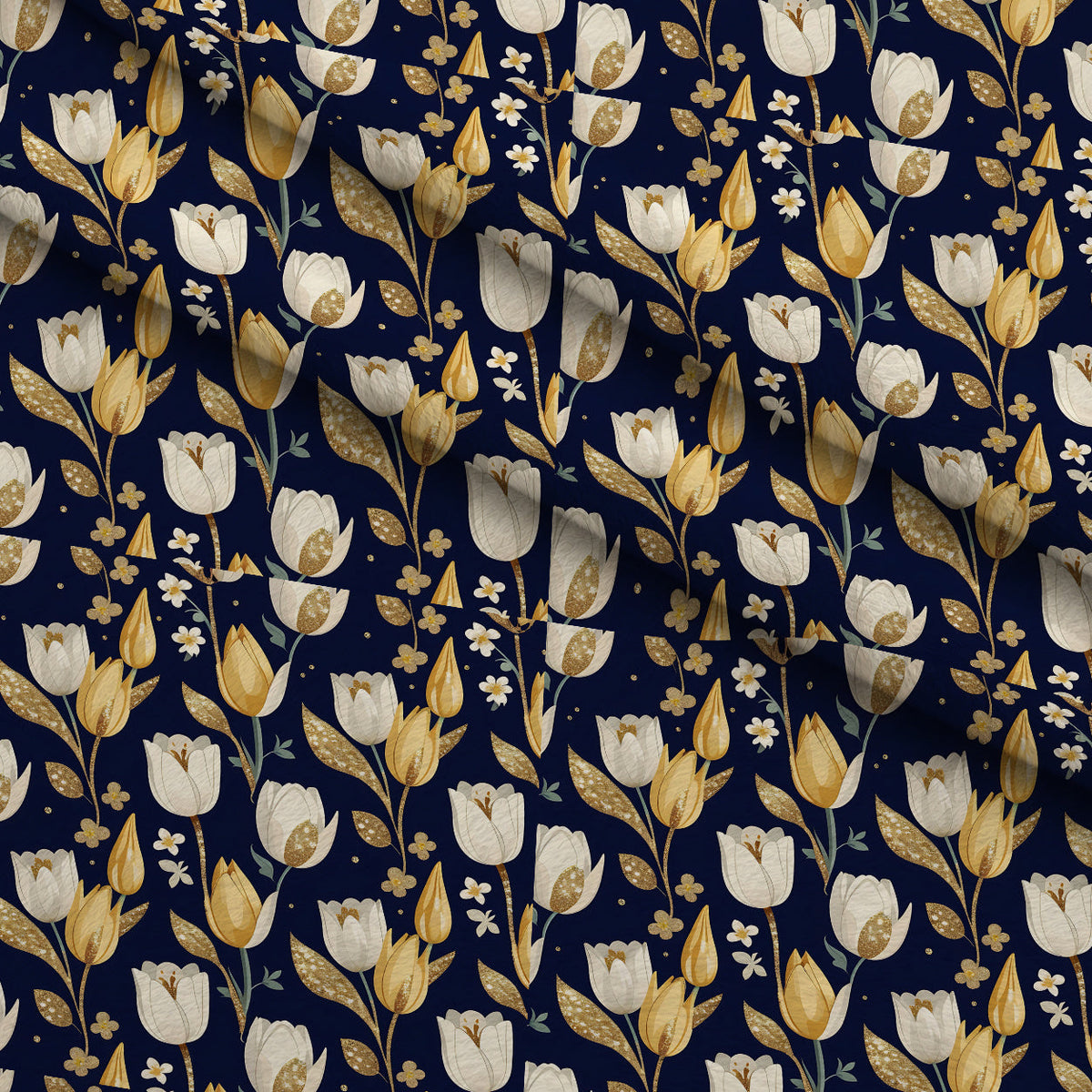 Gilded Midnight Tulips Pattern 9 Fleece Fabric — fleece fabric folded close-up preview (mv-fleece-v1:lying)