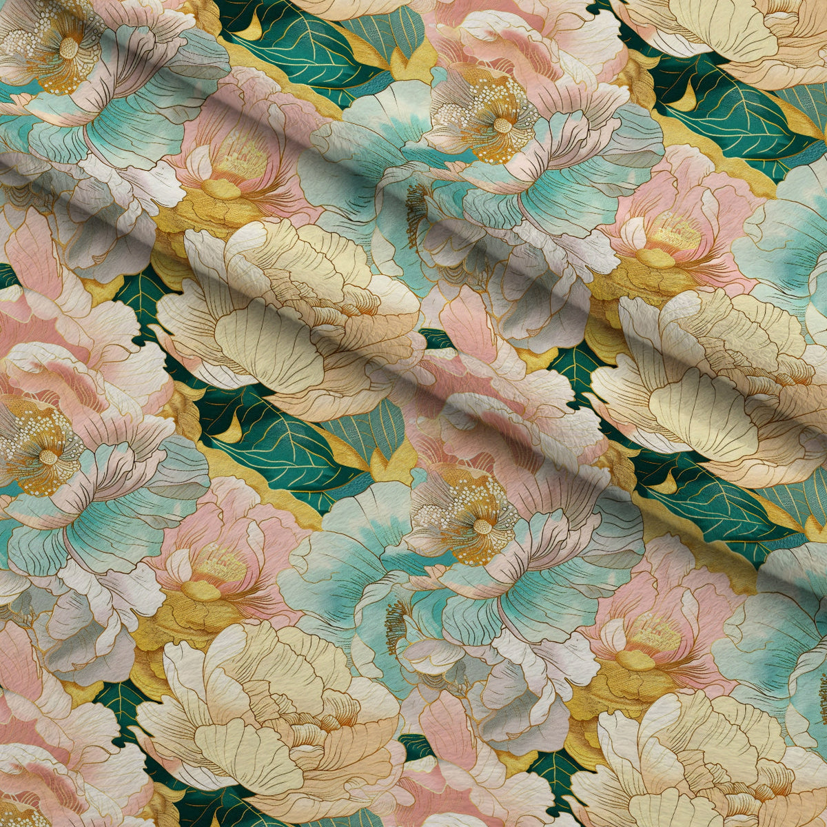 Gilded Peonies Pattern 19 Fleece Fabric — fleece fabric folded close-up preview (mv-fleece-v1:lying)
