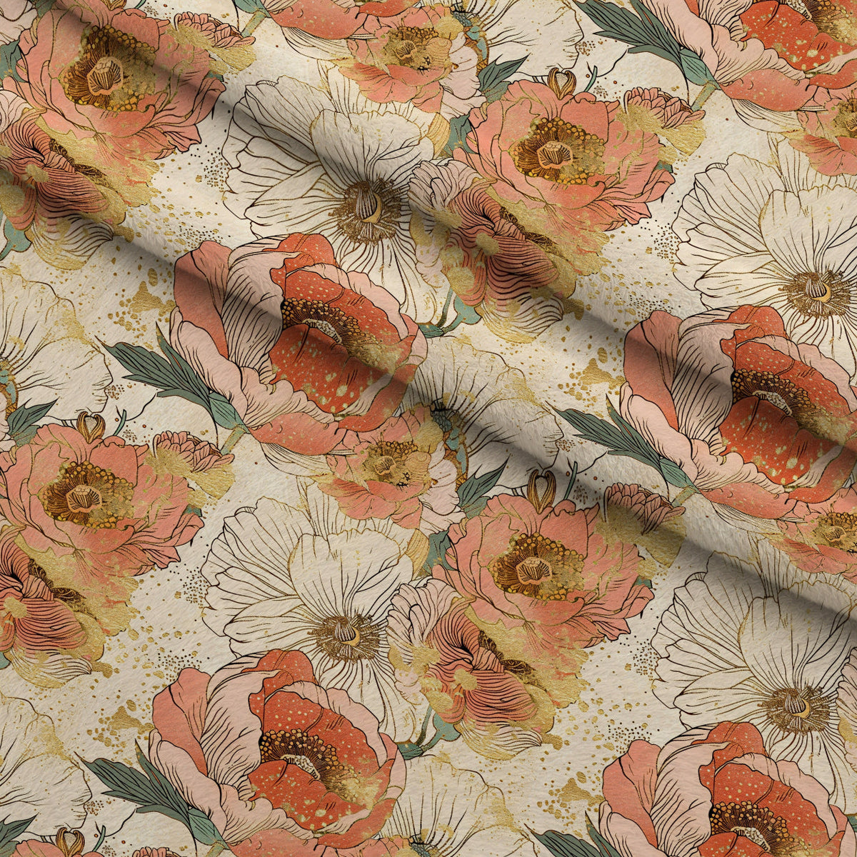 Gilded Peonies Pattern 2 Fleece Fabric — fleece fabric folded close-up preview (mv-fleece-v1:lying)