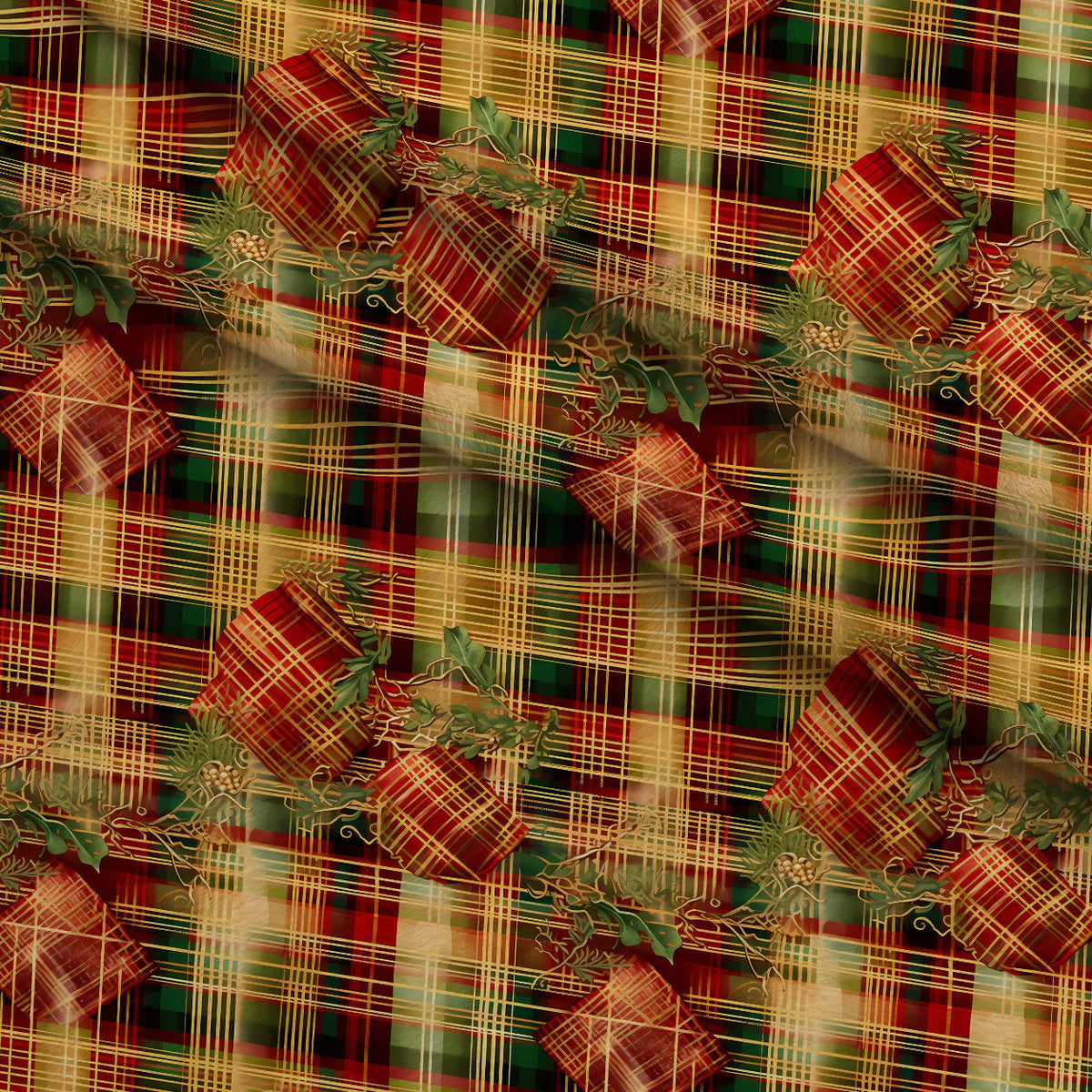 Gilded Tartan Blooms Pattern 16 Fleece Fabric — fleece fabric folded close-up preview (mv-fleece-v1:lying)