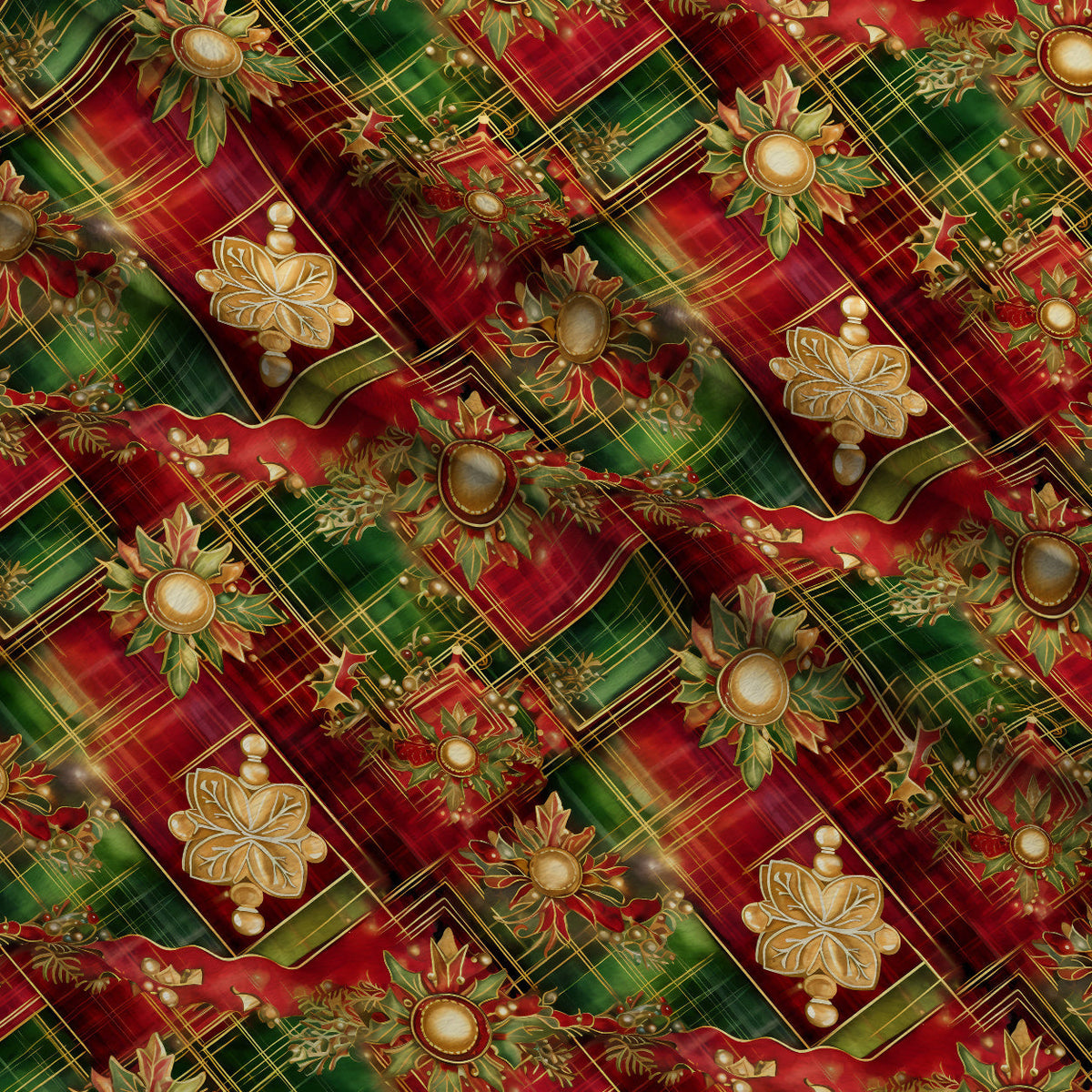 Gilded Tartan Blooms Pattern 17 Fleece Fabric — fleece fabric folded close-up preview (mv-fleece-v1:lying)