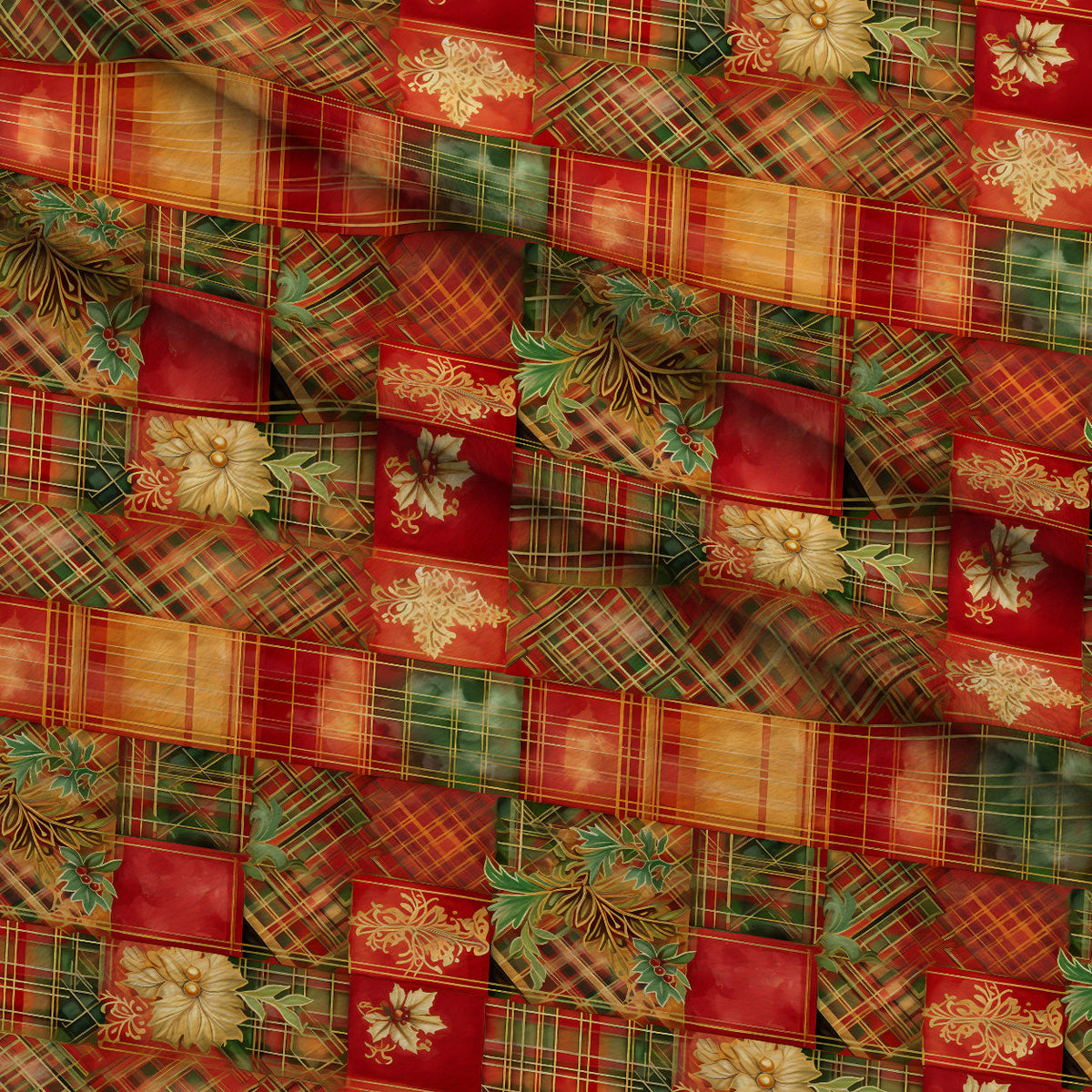 Gilded Tartan Blooms Pattern 19 Fleece Fabric — fleece fabric folded close-up preview (mv-fleece-v1:lying)