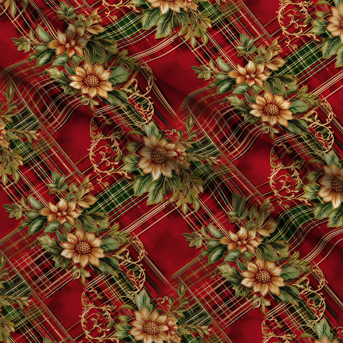 Gilded Tartan Blooms Pattern 20 Fleece Fabric — fleece fabric folded close-up preview (mv-fleece-v1:lying)