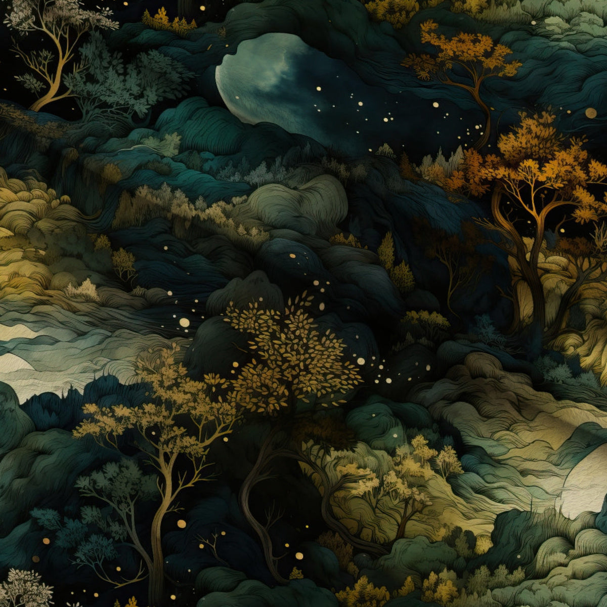 Gilded Woodland Pattern 1 Fleece Fabric — fleece fabric folded close-up preview (mv-fleece-v1:lying)