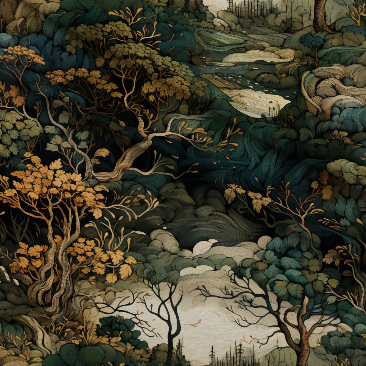 Gilded Woodland Pattern 7 Fleece Fabric — fleece fabric folded close-up preview (mv-fleece-v1:lying)