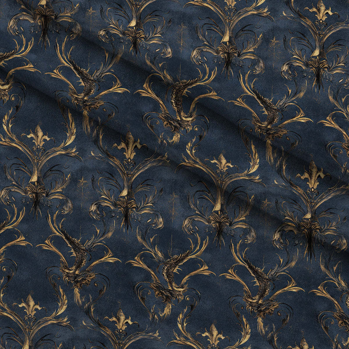 Gilded Wyvern Pattern 2 Fleece Fabric — fleece fabric folded close-up preview (mv-fleece-v1:lying)
