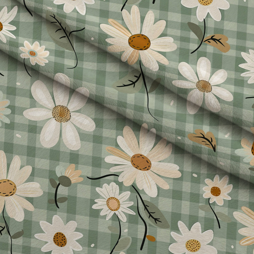 Gingham Daisies Pattern 10 Fleece Fabric — fleece fabric folded close-up preview (mv-fleece-v1:lying)