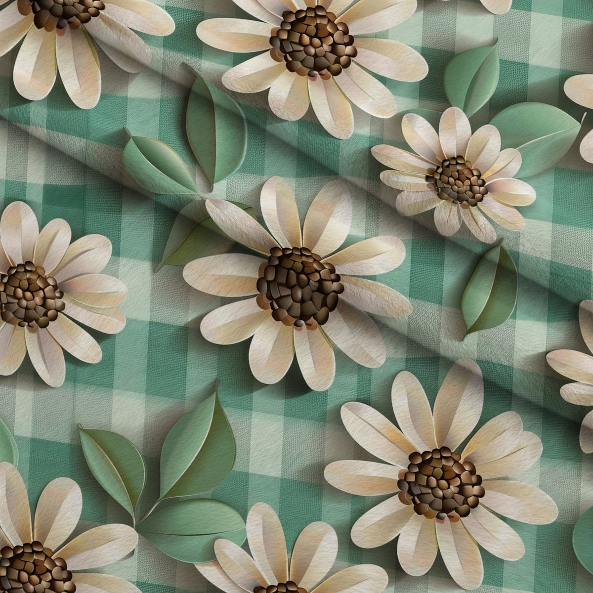 Gingham Daisies Pattern 11 Fleece Fabric — fleece fabric folded close-up preview (mv-fleece-v1:lying)