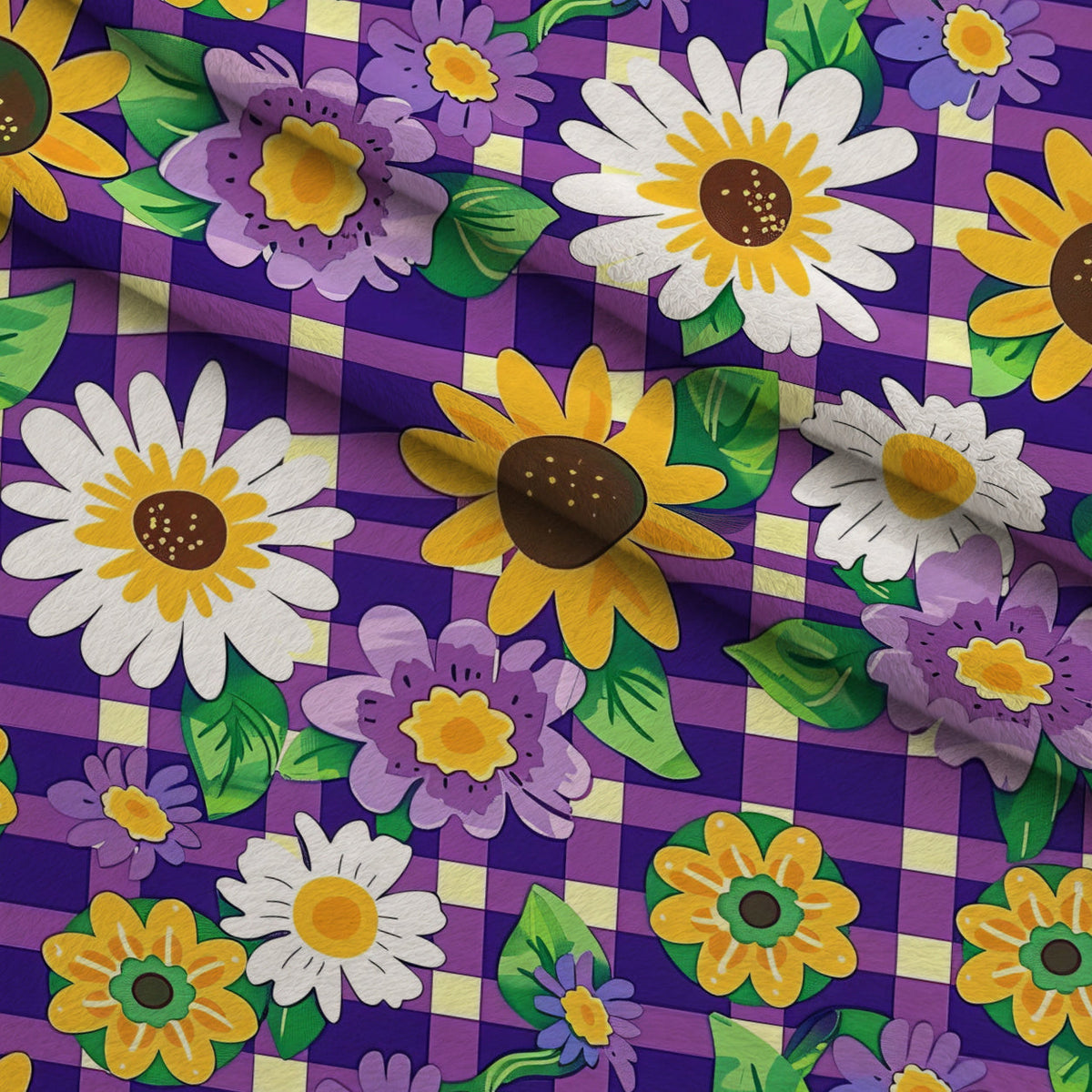 Gingham Daisies Pattern 16 Fleece Fabric — fleece fabric folded close-up preview (mv-fleece-v1:lying)