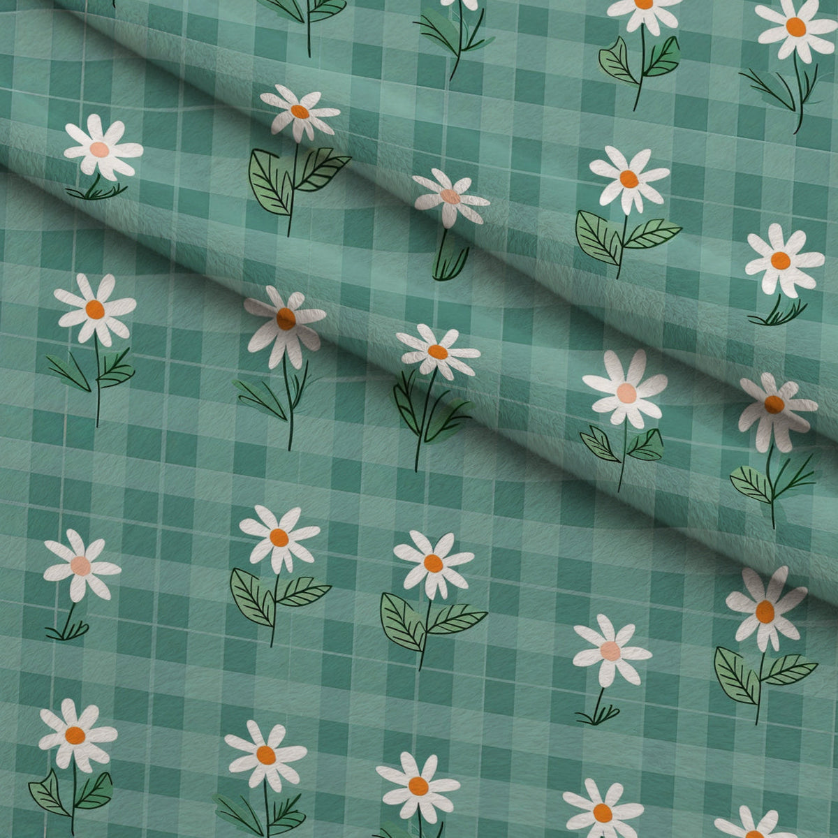 Gingham Daisies Pattern 6 Fleece Fabric — fleece fabric folded close-up preview (mv-fleece-v1:lying)