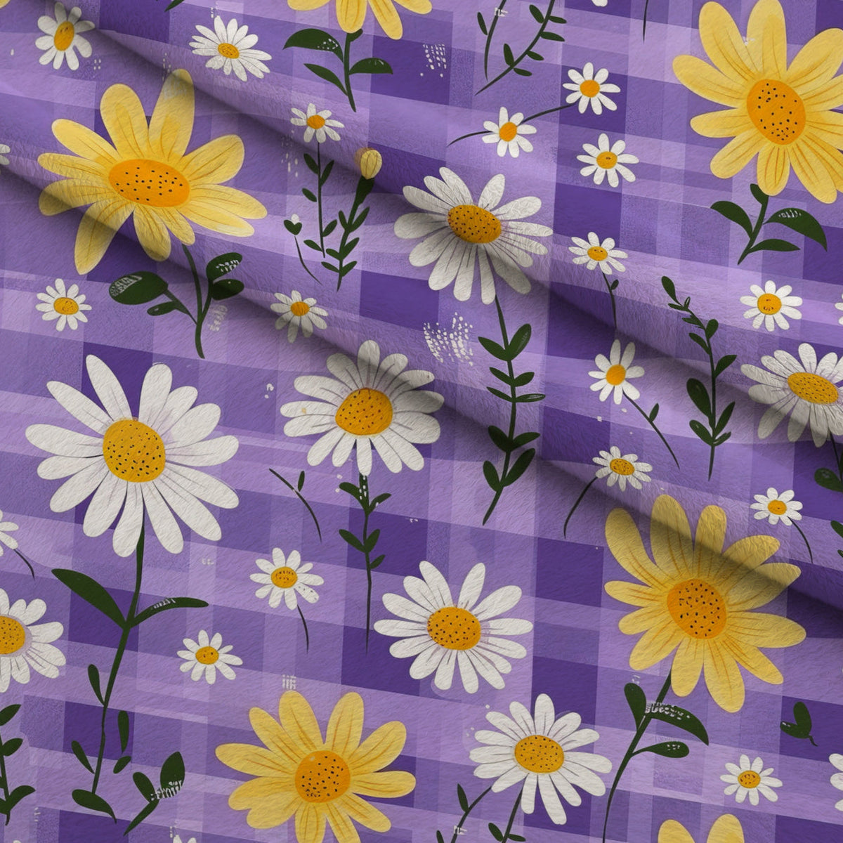 Gingham Daisies Pattern 9 Fleece Fabric — fleece fabric folded close-up preview (mv-fleece-v1:lying)