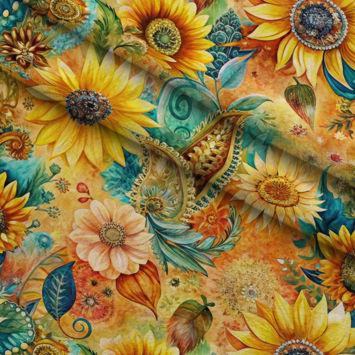 Golden Paisley Garden Pattern 10 Fleece Fabric — fleece fabric folded close-up preview (mv-fleece-v1:lying)