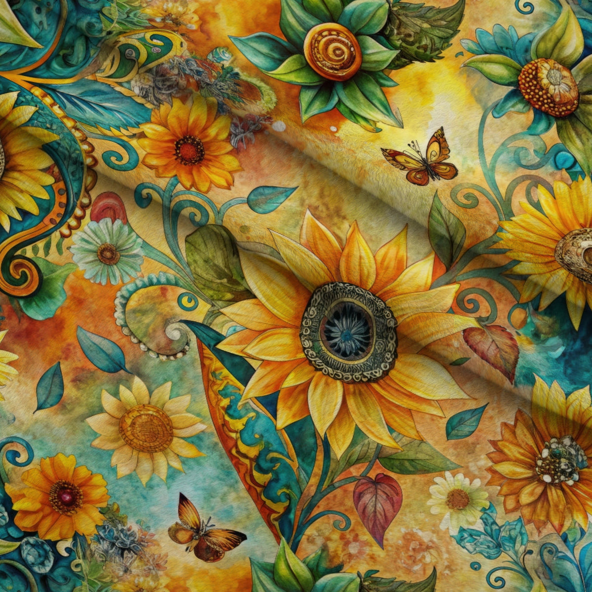 Golden Paisley Garden Pattern 2 Fleece Fabric — fleece fabric folded close-up preview (mv-fleece-v1:lying)