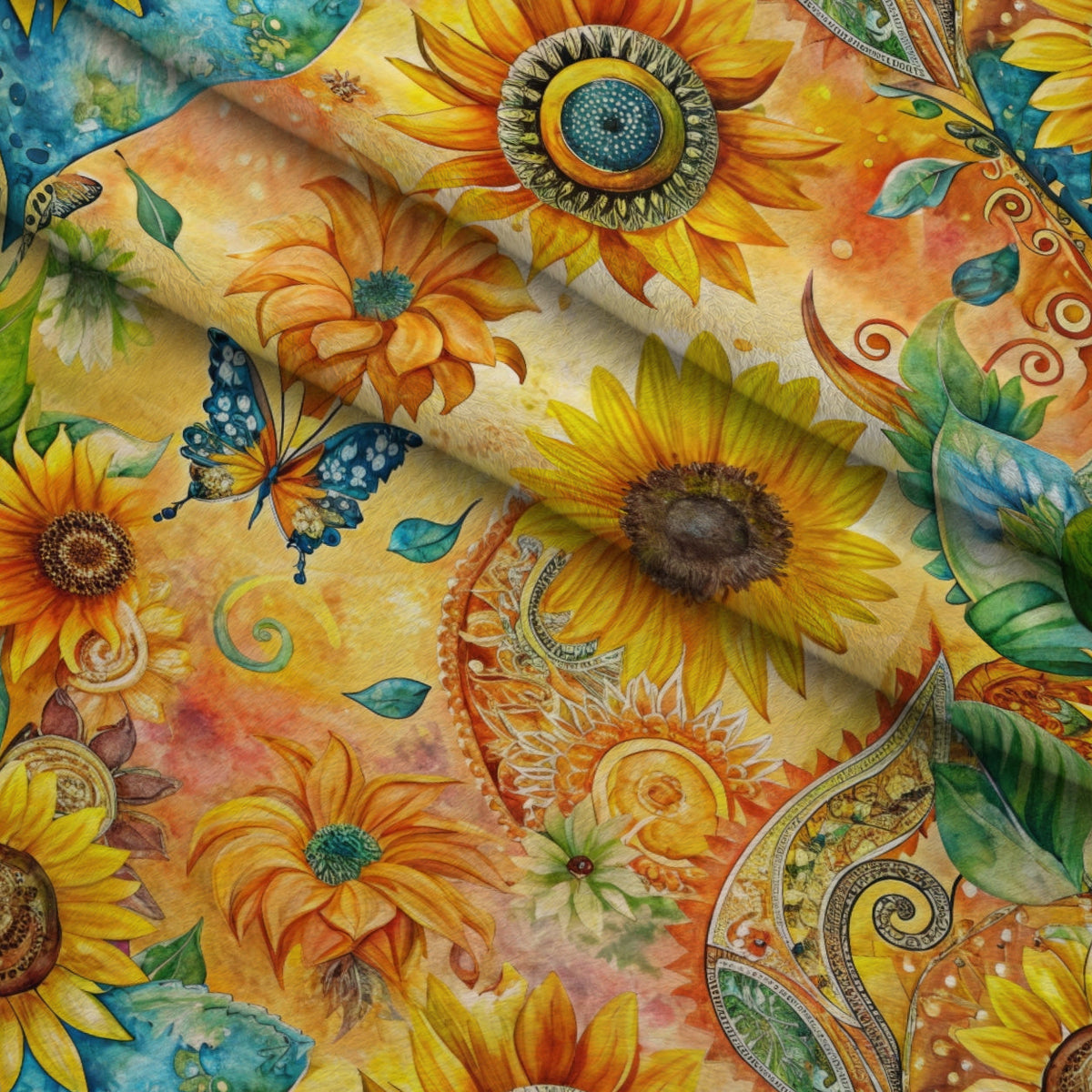 Golden Paisley Garden Pattern 3 Fleece Fabric — fleece fabric folded close-up preview (mv-fleece-v1:lying)