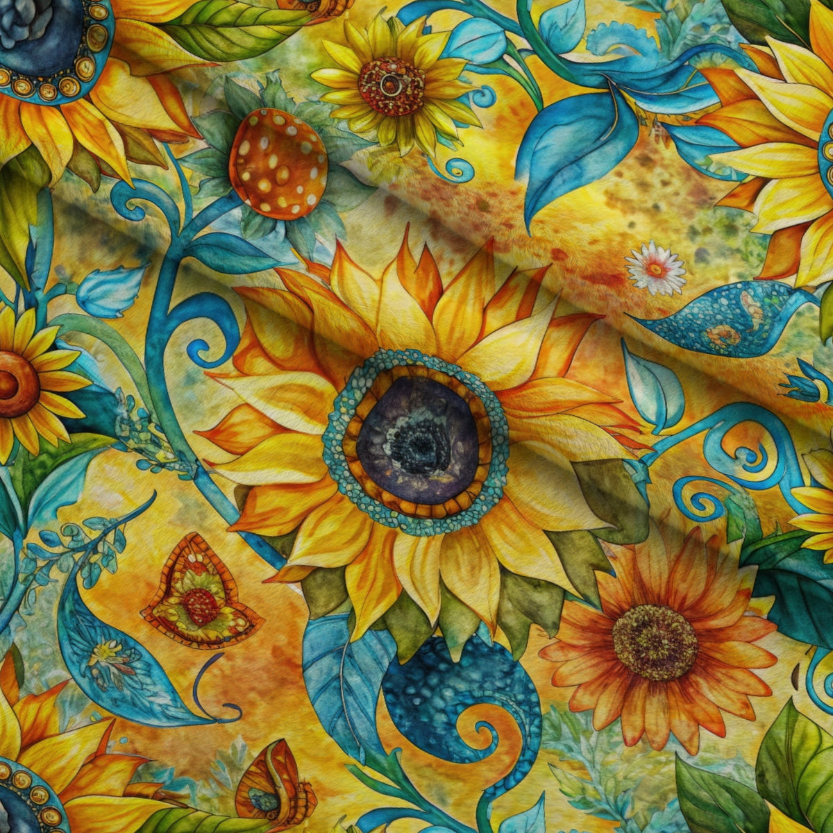 Golden Paisley Garden Pattern 4 Fleece Fabric — fleece fabric folded close-up preview (mv-fleece-v1:lying)