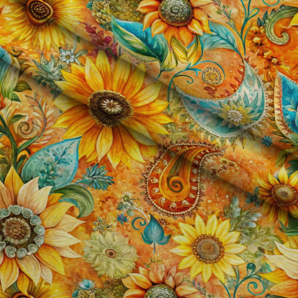 Golden Paisley Garden Pattern 8 Fleece Fabric — fleece fabric folded close-up preview (mv-fleece-v1:lying)