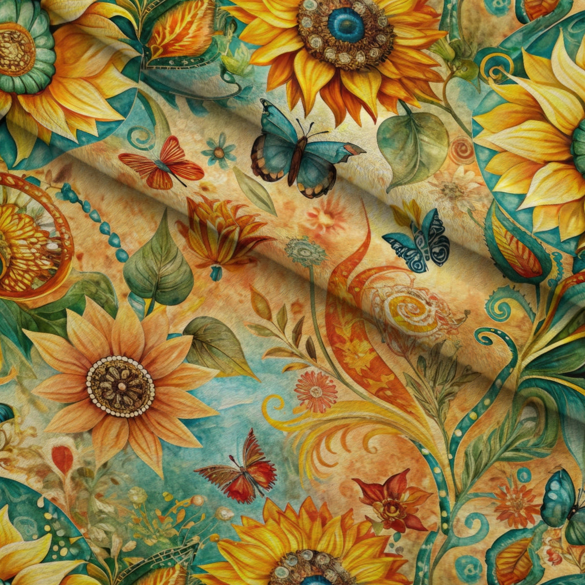 Golden Paisley Garden Pattern 9 Fleece Fabric — fleece fabric folded close-up preview (mv-fleece-v1:lying)