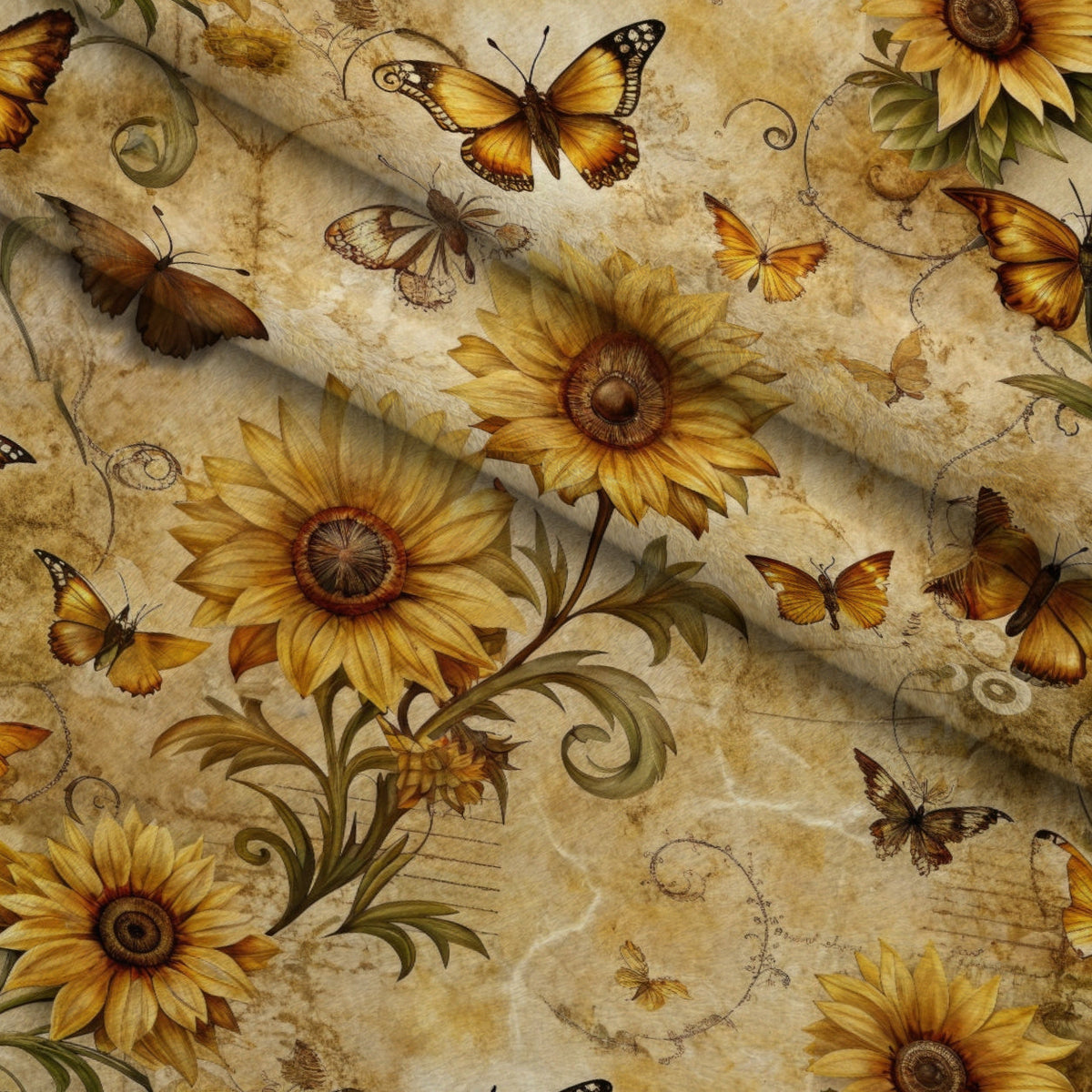 Golden Parchment Blooms Pattern 12 Fleece Fabric — fleece fabric folded close-up preview (mv-fleece-v1:lying)