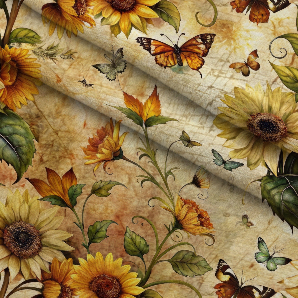 Golden Parchment Blooms Pattern 2 Fleece Fabric — fleece fabric folded close-up preview (mv-fleece-v1:lying)