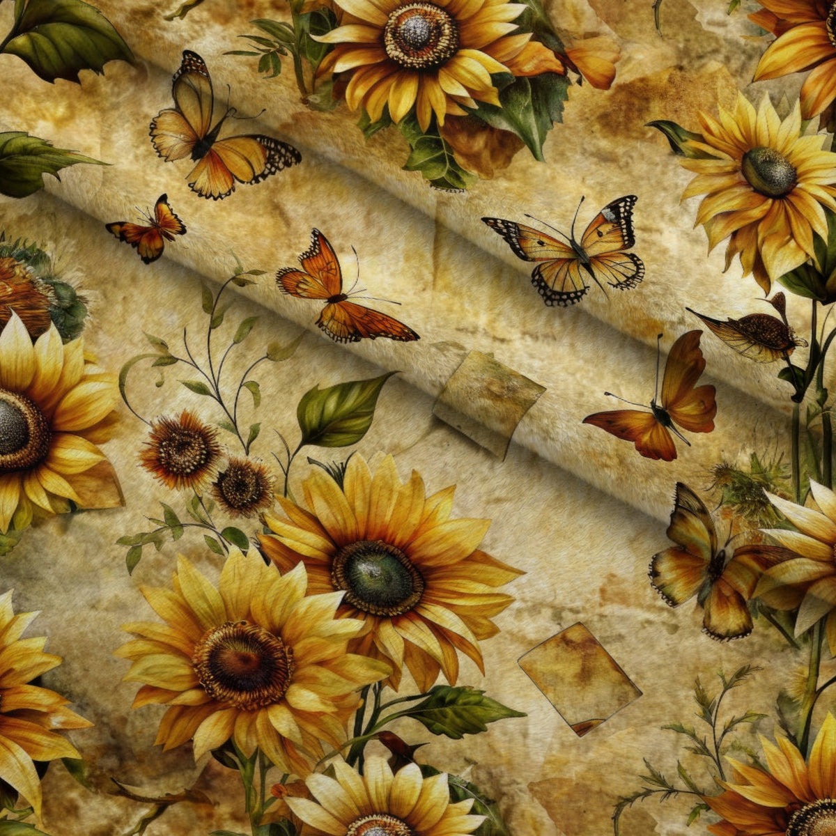 Golden Parchment Blooms Pattern 4 Fleece Fabric — fleece fabric folded close-up preview (mv-fleece-v1:lying)