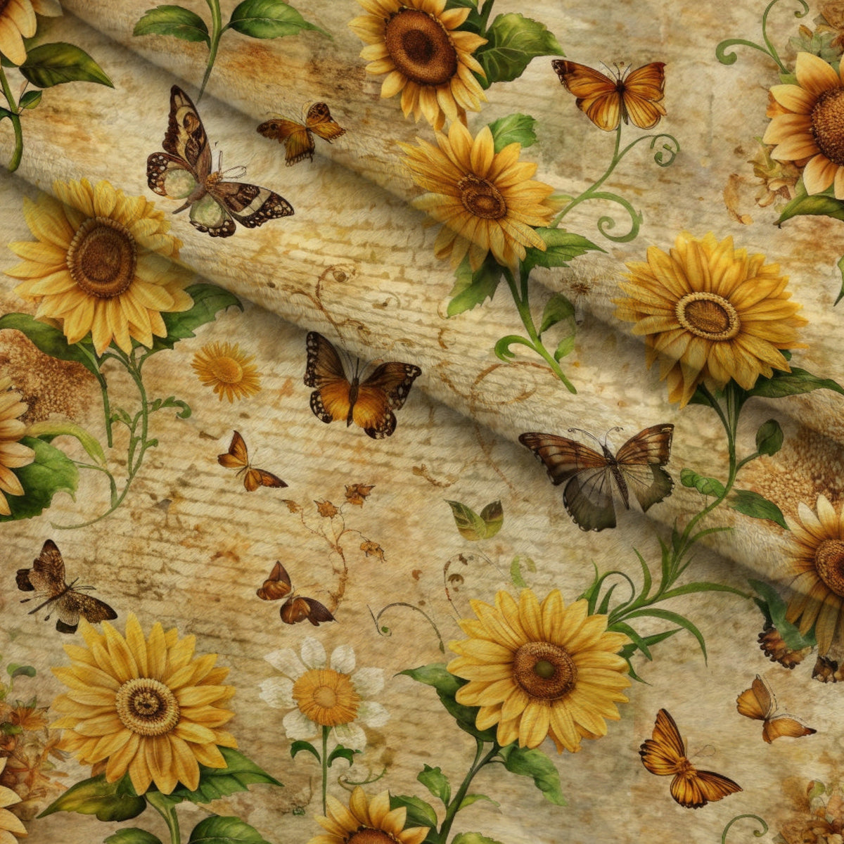 Golden Parchment Blooms Pattern 6 Fleece Fabric — fleece fabric folded close-up preview (mv-fleece-v1:lying)