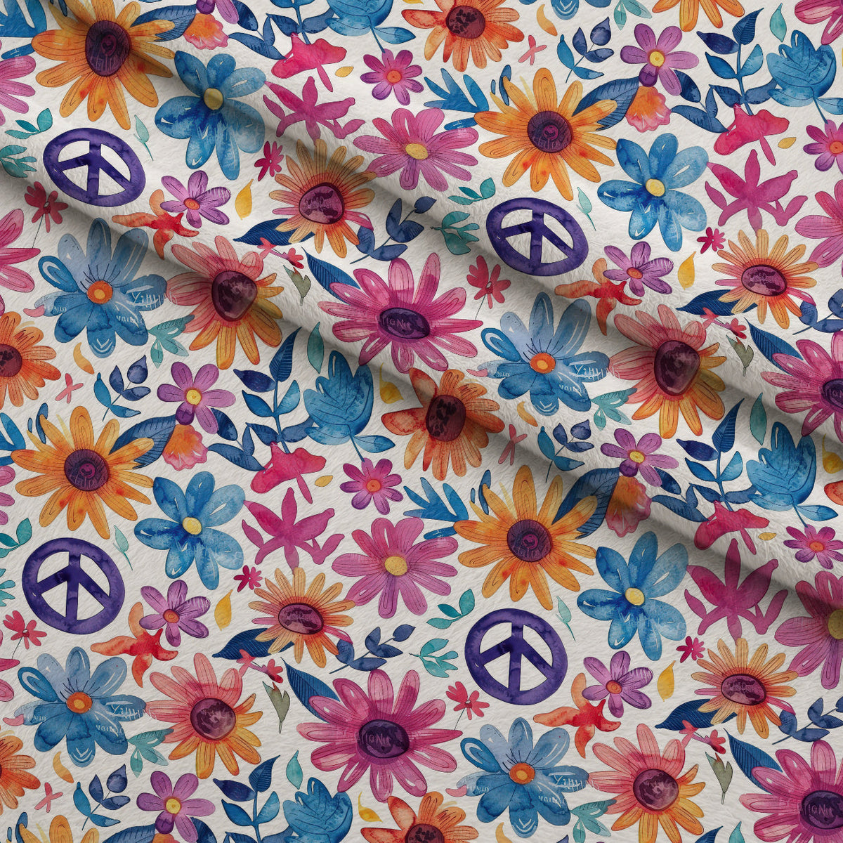 Groovy Peace Blooms Pattern 2 Fleece Fabric — fleece fabric folded close-up preview (mv-fleece-v1:lying)