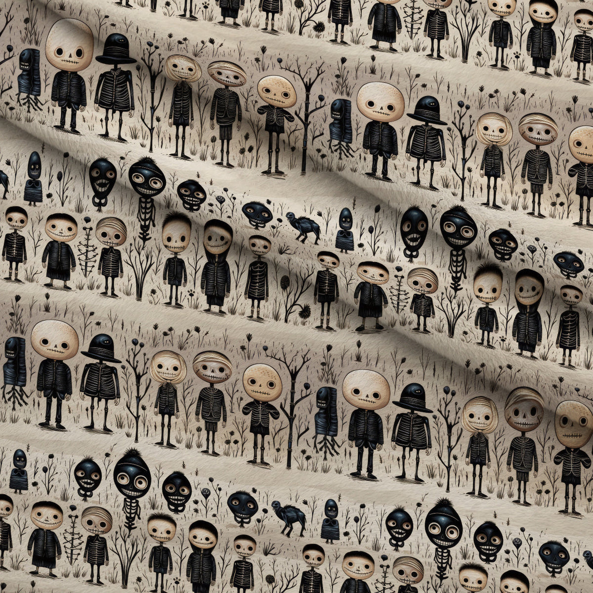 Halloween Skeleton Pattern 27 Fleece Fabric — fleece fabric folded close-up preview (mv-fleece-v1:lying)