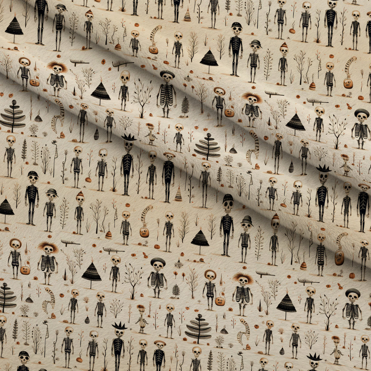 Halloween Skeleton Pattern 8 Fleece Fabric — fleece fabric folded close-up preview (mv-fleece-v1:lying)