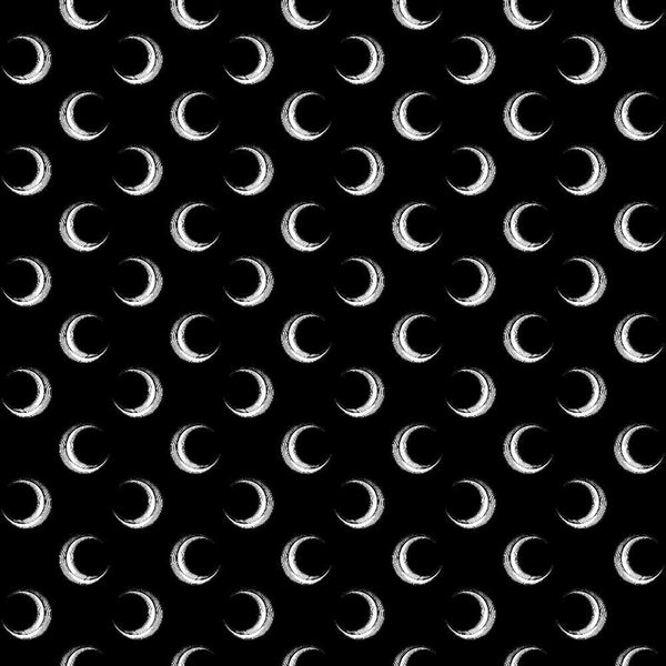 black background, white crescent moons, moon phases, celestial pattern, repeating design, monochrome, astronomical motifs, night sky theme, halloween fabric,, fabric panel, lunar cycle, mystical pattern, gothic style, spooky elements, celestial bodies, crescent shapes, alternating moons, cosmic design, witchy aesthetic