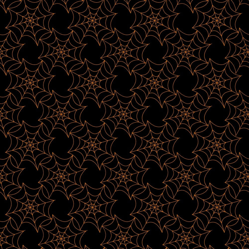 black background, orange lines, spider webs, geometric pattern, halloween theme, repeating design, intricate webbing, spooky motif, autumn colors,, fabric panel, seasonal fabric, web pattern, orange outlines, dark fabric, halloween decoration, craft fabric, sewing material, gothic style, holiday theme