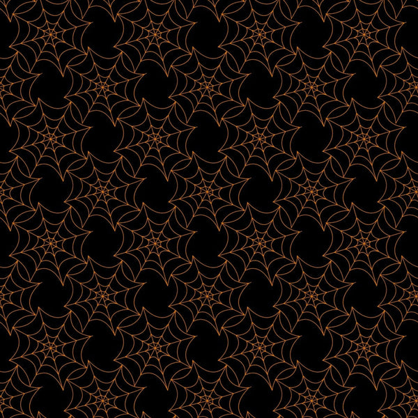 black background, orange lines, spider webs, geometric pattern, halloween theme, repeating design, intricate webbing, spooky motif, autumn colors,, fabric panel, seasonal fabric, web pattern, orange outlines, dark fabric, halloween decoration, craft fabric, sewing material, gothic style, holiday theme