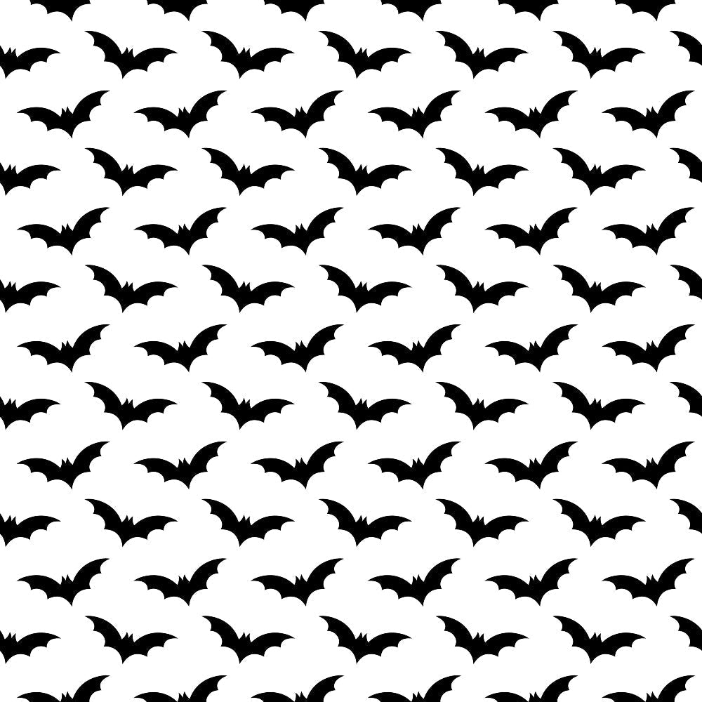 black and white, bat silhouettes, halloween pattern, repeating design, monochrome, spooky motif, flying bats, geometric arrangement,, fabric panel, seasonal design, gothic style, minimalist pattern, high contrast, halloween decor, crafting material, sewing fabric, october theme, bat wings, dark aesthetic