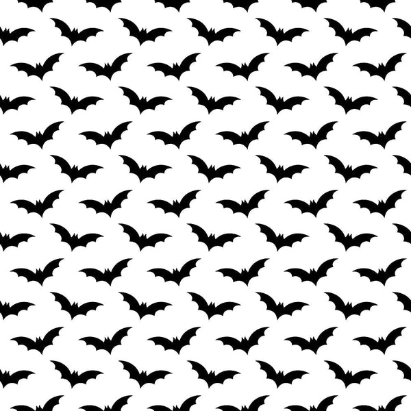 black and white, bat silhouettes, halloween pattern, repeating design, monochrome, spooky motif, flying bats, geometric arrangement,, fabric panel, seasonal design, gothic style, minimalist pattern, high contrast, halloween decor, crafting material, sewing fabric, october theme, bat wings, dark aesthetic