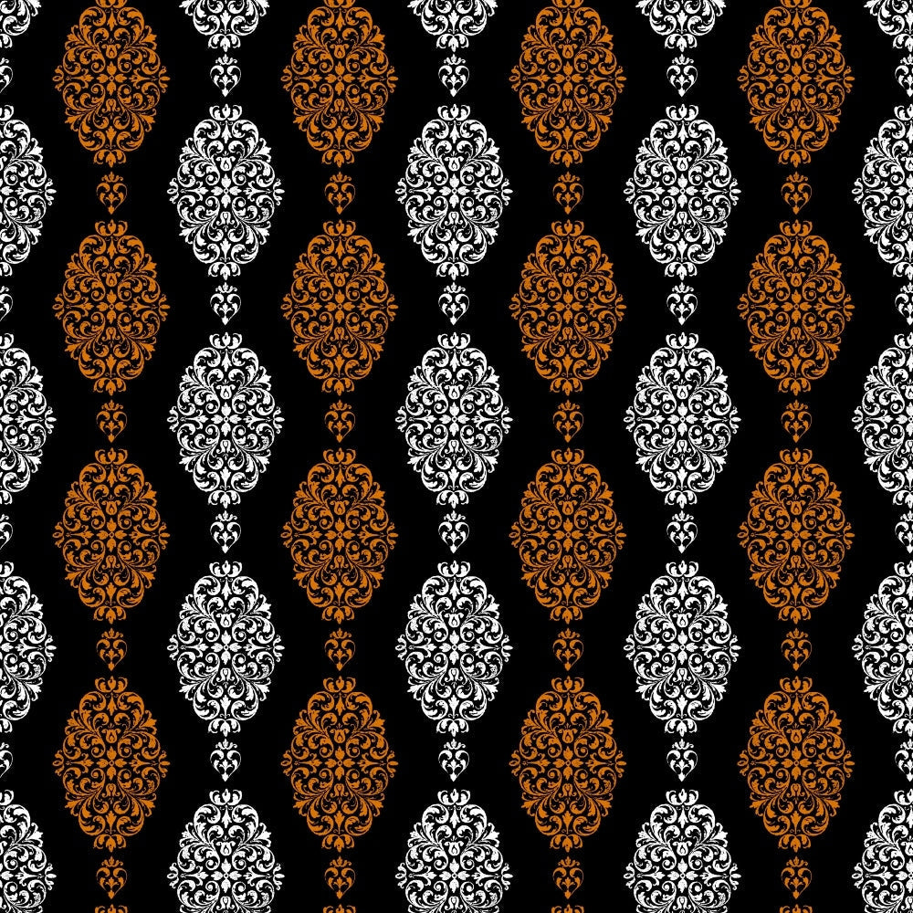 black background, orange damask, white damask, ornate medallions, baroque scrollwork, decorative motifs, vertical stripes, alternating pattern, elegant florals, intricate swirls, halloween colors, gothic style, sophisticated design,, fabric panel, ornamental elements, damask pattern, filigree details, seasonal fabric, luxury motifs