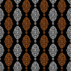 black background, orange damask, white damask, ornate medallions, baroque scrollwork, decorative motifs, vertical stripes, alternating pattern, elegant florals, intricate swirls, halloween colors, gothic style, sophisticated design,, fabric panel, ornamental elements, damask pattern, filigree details, seasonal fabric, luxury motifs