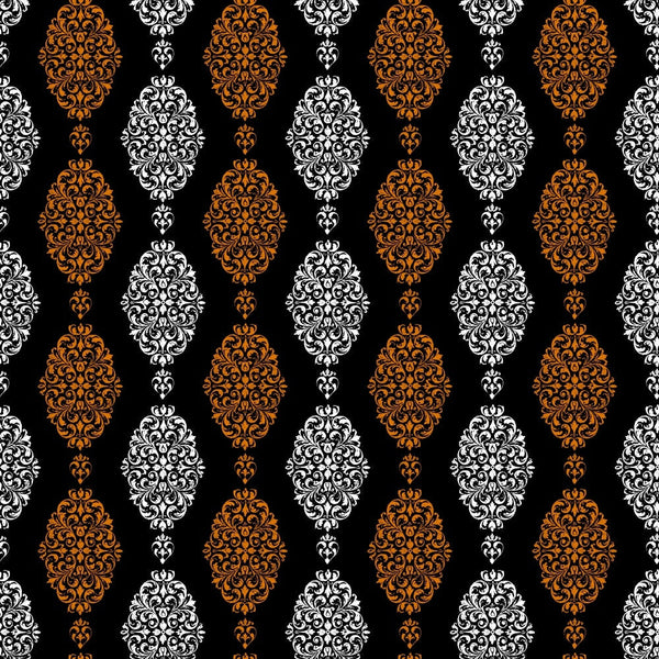 black background, orange damask, white damask, ornate medallions, baroque scrollwork, decorative motifs, vertical stripes, alternating pattern, elegant florals, intricate swirls, halloween colors, gothic style, sophisticated design,, fabric panel, ornamental elements, damask pattern, filigree details, seasonal fabric, luxury motifs