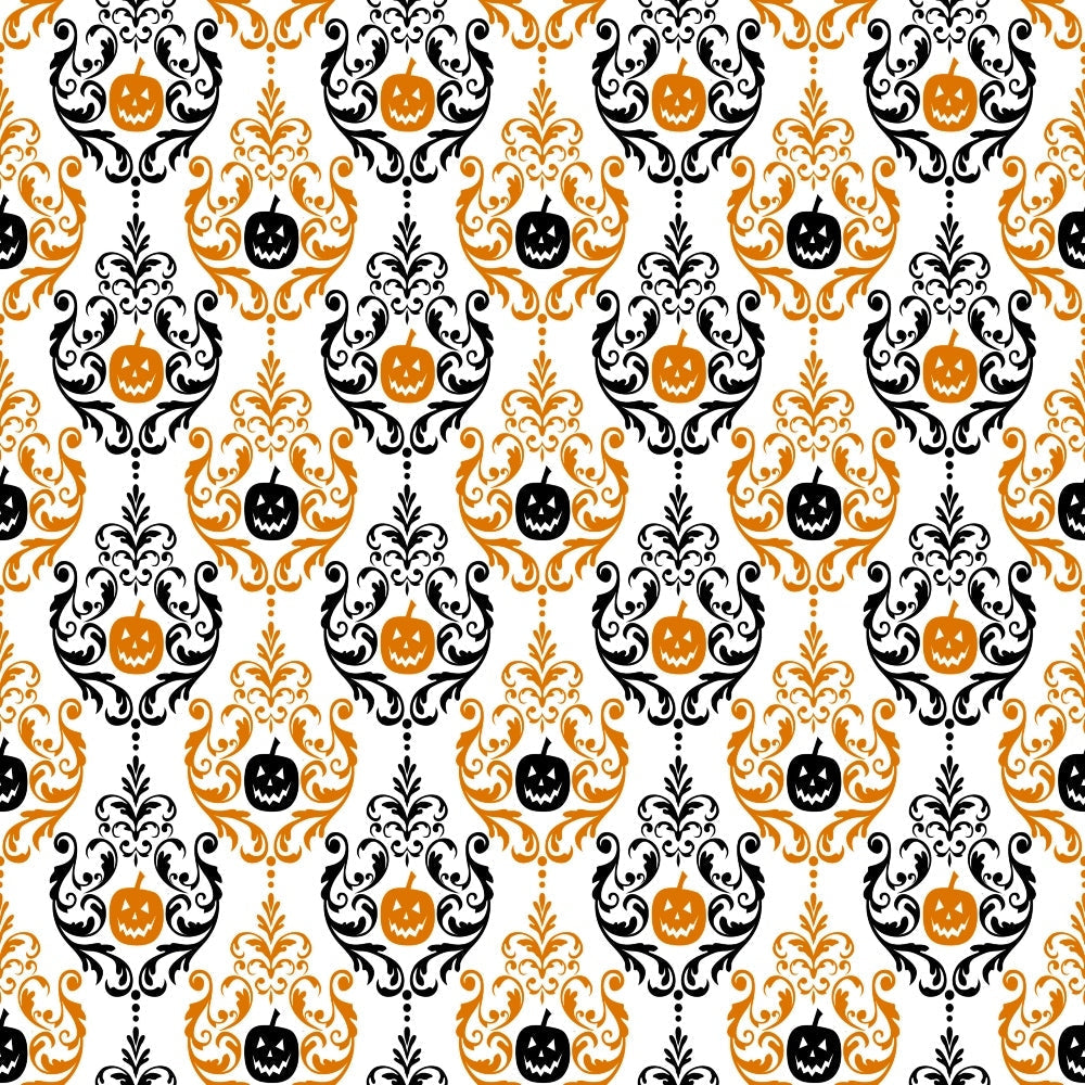 orange, black, white, damask pattern, baroque scrollwork, jack-o'-lantern, pumpkin faces, halloween motif, ornate flourishes, decorative swirls, spooky elegant, autumn themed,, fabric panel, seamless repeat, victorian style, gothic ornamental, seasonal fabric, craft material, sophisticated halloween