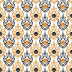 orange, black, white, damask pattern, baroque scrollwork, jack-o'-lantern, pumpkin faces, halloween motif, ornate flourishes, decorative swirls, spooky elegant, autumn themed,, fabric panel, seamless repeat, victorian style, gothic ornamental, seasonal fabric, craft material, sophisticated halloween