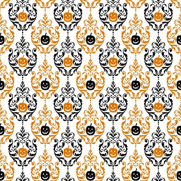 orange, black, white, damask pattern, baroque scrollwork, jack-o'-lantern, pumpkin faces, halloween motif, ornate flourishes, decorative swirls, spooky elegant, autumn themed,, fabric panel, seamless repeat, victorian style, gothic ornamental, seasonal fabric, craft material, sophisticated halloween