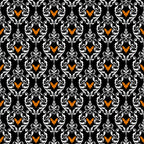 black background, white scrollwork, orange bats, damask pattern, baroque design, ornate swirls, halloween motif, repeating pattern,, fabric panel, gothic style, decorative flourishes, victorian ornament, spooky elegant, autumn colors, intricate design, formal pattern, seasonal fabric, bat silhouettes, ornamental style