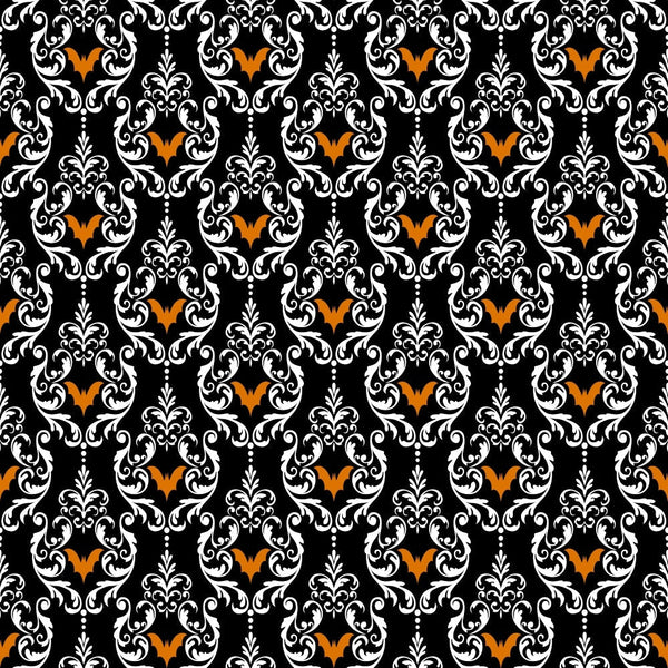 black background, white scrollwork, orange bats, damask pattern, baroque design, ornate swirls, halloween motif, repeating pattern,, fabric panel, gothic style, decorative flourishes, victorian ornament, spooky elegant, autumn colors, intricate design, formal pattern, seasonal fabric, bat silhouettes, ornamental style